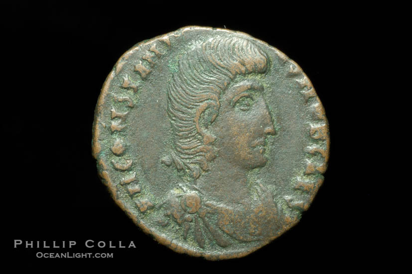 Roman emperor Constantius Gallus (351-354 A.D.), depicted on ancient Roman coin (bronze, denom/type: Red. Centenionalis) (AE3, 17mm, VF. Obverse: DN CONSTANTIVS NOB C, AES. Reverse: R FEL TEMP REPARATIO.)., natural history stock photograph, photo id 06711