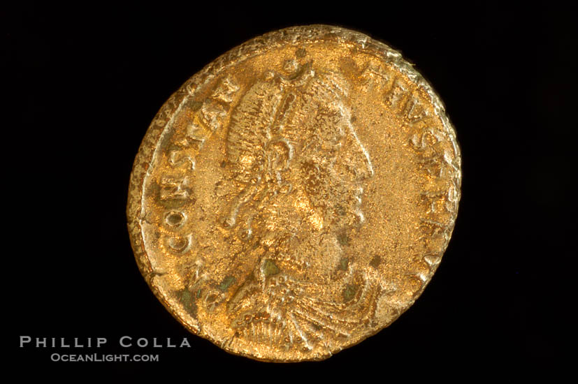 Roman emperor Constantius II (337-361 A.D.), depicted on ancient Roman coin (bronze, denom/type: AE2) (AE2. Obverse: DN CONSTANTIVS PF AVG. Reverse: FEL TEMP REPARATIO)., natural history stock photograph, photo id 06706