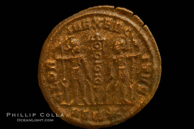 Roman emperor Constantius II (337-361 A.D.), depicted on ancient Roman coin (bronze, denom/type: AE3)., natural history stock photograph, photo id 06846