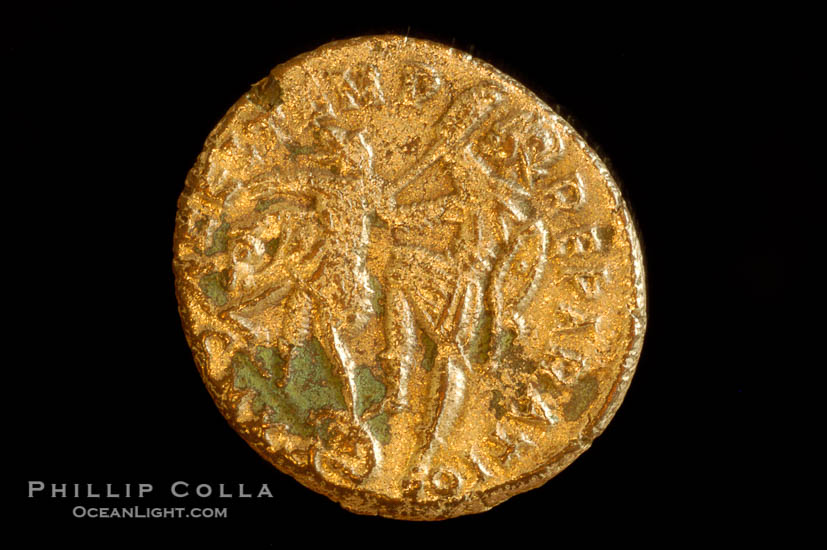 Roman emperor Constantius II (337-361 A.D.), depicted on ancient Roman coin (bronze, denom/type: AE2) (AE2. Obverse: DN CONSTANTIVS PF AVG. Reverse: FEL TEMP REPARATIO)., natural history stock photograph, photo id 06708