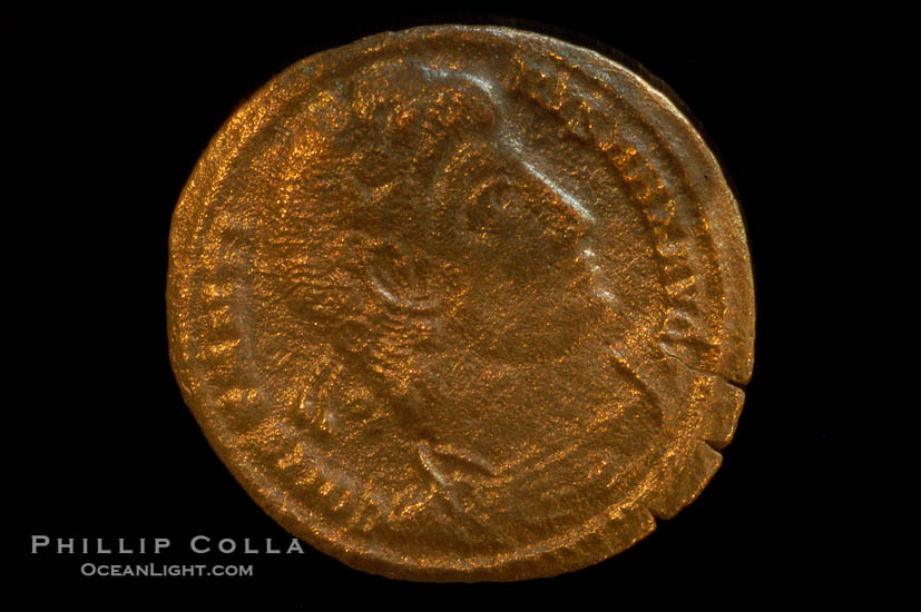 Roman emperor Constantius II (337-361 A.D.), depicted on ancient Roman coin (bronze, denom/type: AE3)., natural history stock photograph, photo id 06844