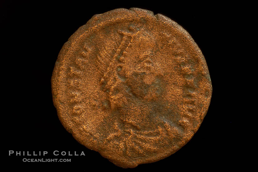 Roman emperor Constantius II (337-361 A.D.), depicted on ancient Roman coin (bronze, denom/type: Centenionalis)., natural history stock photograph, photo id 06848