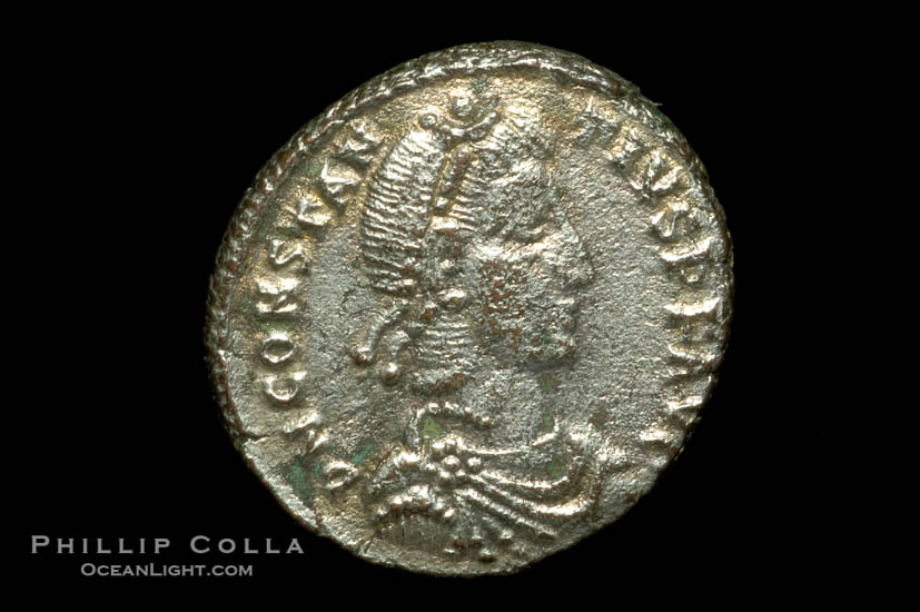 Roman emperor Constantius II (337-361 A.D.), depicted on ancient Roman coin (bronze, denom/type: AE2) (AE2. Obverse: DN CONSTANTIVS PF AVG. Reverse: FEL TEMP REPARATIO)., natural history stock photograph, photo id 06707