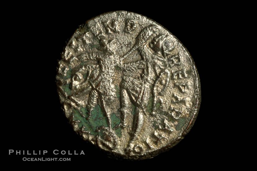 Roman emperor Constantius II (337-361 A.D.), depicted on ancient Roman coin (bronze, denom/type: AE2) (AE2. Obverse: DN CONSTANTIVS PF AVG. Reverse: FEL TEMP REPARATIO)., natural history stock photograph, photo id 06709