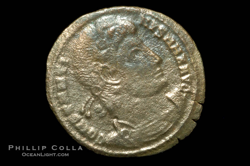 Roman emperor Constantius II (337-361 A.D.), depicted on ancient Roman coin (bronze, denom/type: AE3)., natural history stock photograph, photo id 06845