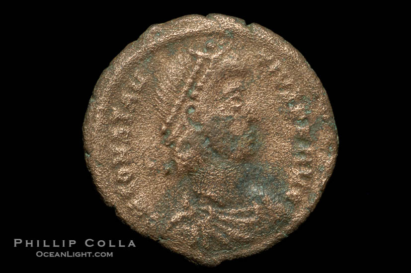 Roman emperor Constantius II (337-361 A.D.), depicted on ancient Roman coin (bronze, denom/type: Centenionalis)., natural history stock photograph, photo id 06849