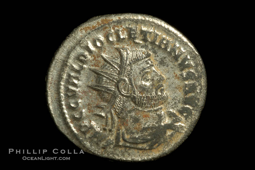 Roman emperor Diocletian (285-305 A.D.), depicted on ancient Roman coin (bronze, denom/type: Antoninianus) (Antoninianus aEF, RIC 256, Sear 3510, Cohan 33. Obverse: IMP C C VAL DIOCLETIANVS AVG. Reverse: CONCORDIA MILITVM)., natural history stock photograph, photo id 06648