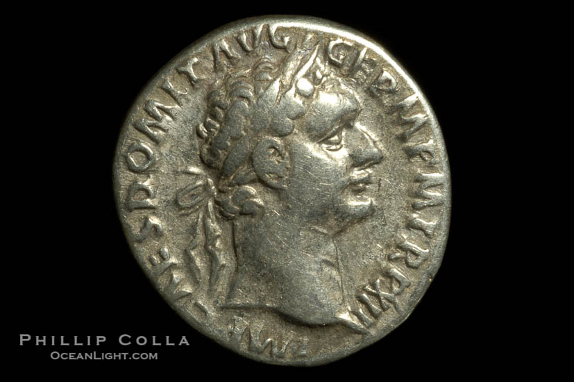 Roman emperor Domitian (81-96 A.D.), depicted on ancient Roman coin (silver, denom/type: Denarius) (Denarius, VF, 3.76 g., 18mm, RIC 172. Obverse: IMP CAES DOMIT AVG GERM P M TR P XII. Reverse: IMP XXI COS XVI CENS PPP)., natural history stock photograph, photo id 06544