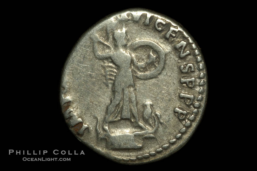 Roman emperor Domitian (81-96 A.D.), depicted on ancient Roman coin (silver, denom/type: Denarius) (Denarius, VF, 3.76 g., 18mm, RIC 172. Obverse: IMP CAES DOMIT AVG GERM P M TR P XII. Reverse: IMP XXI COS XVI CENS PPP)., natural history stock photograph, photo id 06545