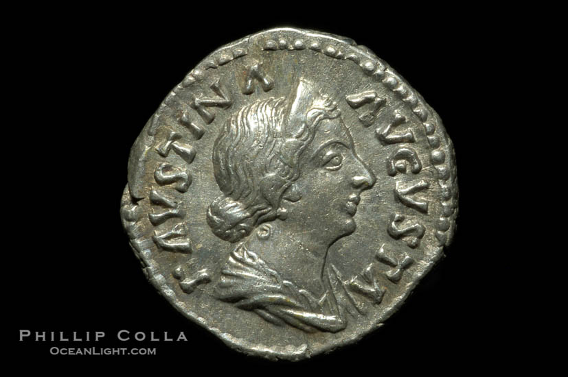 Roman emperor Faustina Junior (161-180 A.D.), depicted on ancient Roman coin (silver, denom/type: Denarius)., natural history stock photograph, photo id 06564