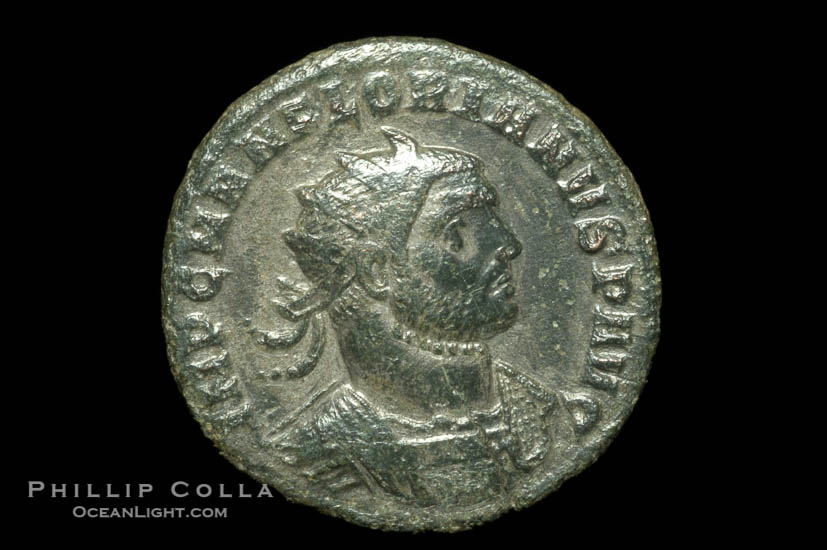 Roman emperor Florianus (276 A.D.), depicted on ancient Roman coin (bronze, denom/type: Antoninianus) (Antoninianus VF+; RIC 110 Serdica. Obverse: IMP CM AN FLORIANVS P AVG.. Reverse: PROVIDEN DEOR; gamma in exergue and star above.)., natural history stock photograph, photo id 06638