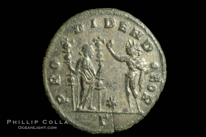 Roman emperor Florianus (276 A.D.), depicted on ancient Roman coin (bronze, denom/type: Antoninianus) (Antoninianus VF+; RIC 110 Serdica. Obverse: IMP CM AN FLORIANVS P AVG.. Reverse: PROVIDEN DEOR; gamma in exergue and star above.)., natural history stock photograph, photo id 06639