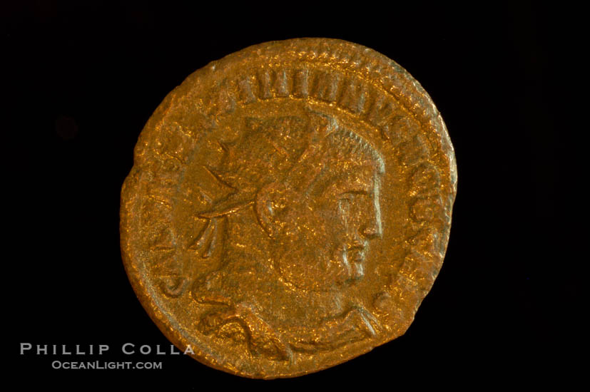 Roman emperor Galerius (293-305 A.D.), depicted on ancient Roman coin (bronze, denom/type: Antoninianus) (AE , Antoninianus, Concordia Militvm S-3701)., natural history stock photograph, photo id 06658
