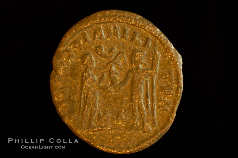 Roman emperor Galerius (293-305 A.D.), depicted on ancient Roman coin (bronze, denom/type: Antoninianus) (AE , Antoninianus, Concordia Militvm S-3701)., natural history stock photograph, photo id 06660