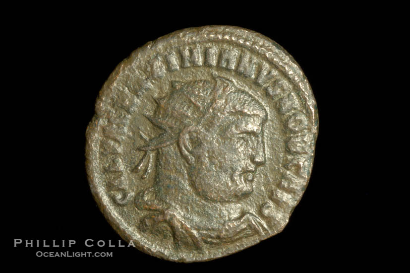 Roman emperor Galerius (293-305 A.D.), depicted on ancient Roman coin (bronze, denom/type: Antoninianus) (AE , Antoninianus, Concordia Militvm S-3701)., natural history stock photograph, photo id 06659