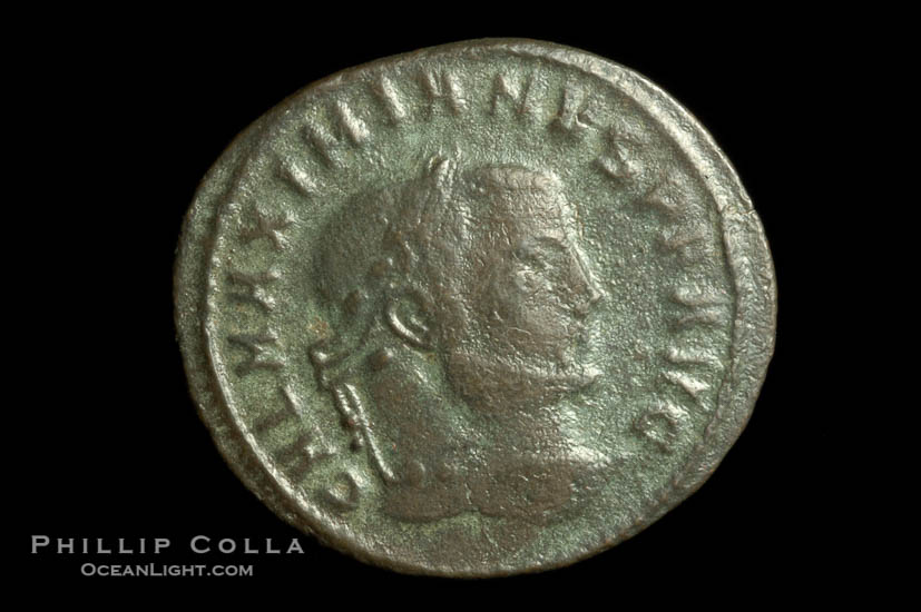 Roman emperor Galerius (305-311 A.D.), depicted on ancient Roman coin (bronze, denom/type: Follis) (Follis, 5.3g, 25.29/28.23mm, Sear 3717, VanMeter 27a, VF. Obverse: GAL MAXIMIANVS P F AVG. Reverse: GENIO AVGVSTI, SMSDelta exergue.)., natural history stock photograph, photo id 06835