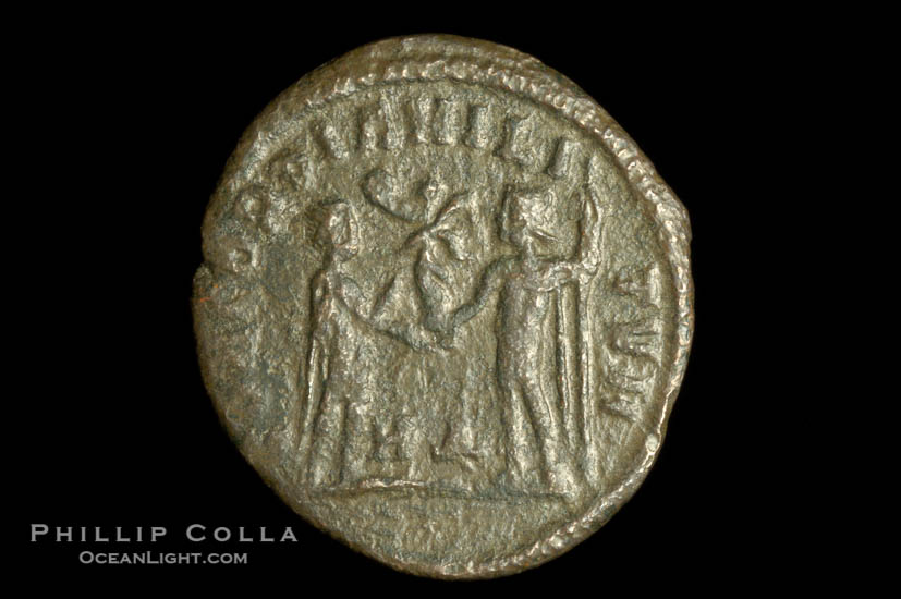 Roman emperor Galerius (293-305 A.D.), depicted on ancient Roman coin (bronze, denom/type: Antoninianus) (AE , Antoninianus, Concordia Militvm S-3701)., natural history stock photograph, photo id 06661