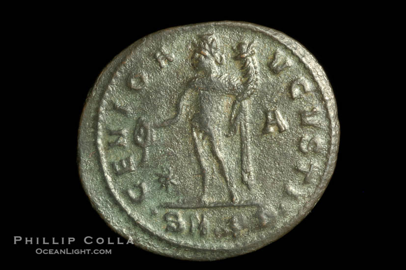 Roman emperor Galerius (305-311 A.D.), depicted on ancient Roman coin (bronze, denom/type: Follis) (Follis, 5.3g, 25.29/28.23mm, Sear 3717, VanMeter 27a, VF. Obverse: GAL MAXIMIANVS P F AVG. Reverse: GENIO AVGVSTI, SMSDelta exergue.)., natural history stock photograph, photo id 06837