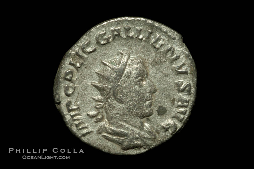 Roman emperor Gallienus (253-268 A.D.), depicted on ancient Roman coin (billion, denom/type: Antoninianus)., natural history stock photograph, photo id 06614