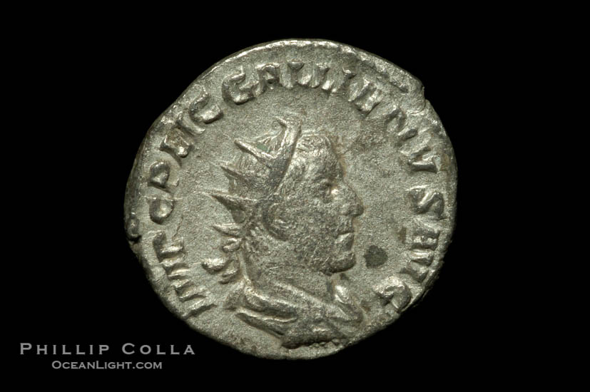 Roman emperor Gallienus (253-268 A.D.), depicted on ancient Roman coin (billion, denom/type: Antoninianus)., natural history stock photograph, photo id 06614
