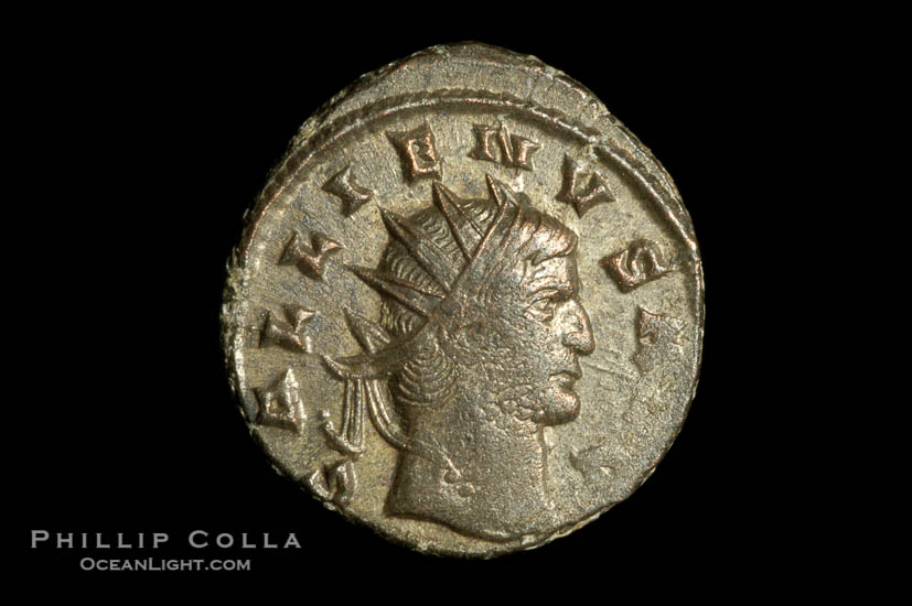 Roman emperor Gallienus (253-268 A.D.), depicted on ancient Roman coin (bronze, denom/type: Antoninianus) (Antoninianus VF. Obverse: GALLIENVS AVG. Reverse: PROVI AVG.)., natural history stock photograph, photo id 06616