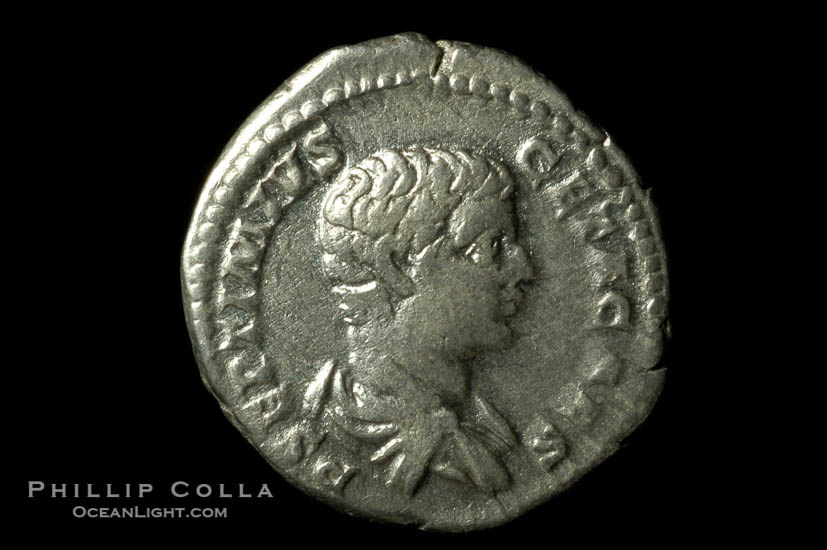 Roman emperor Geta (209-212 A.D.), depicted on ancient Roman coin (silver, denom/type: Denarius)., natural history stock photograph, photo id 06580