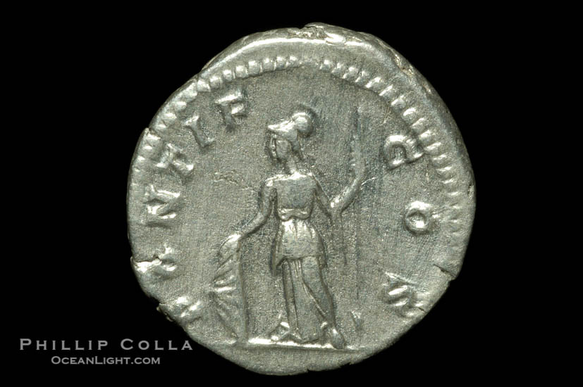 Roman emperor Geta (209-212 A.D.), depicted on ancient Roman coin (silver, denom/type: Denarius)., natural history stock photograph, photo id 06581