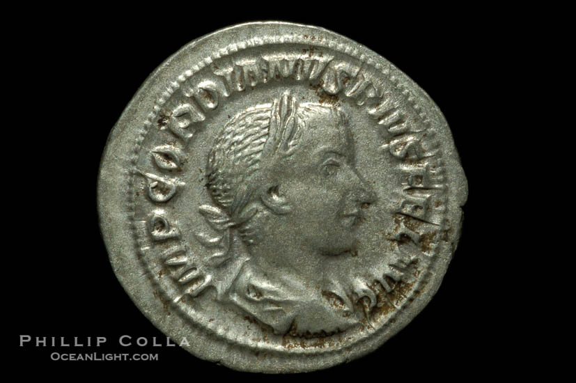 Roman emperor Gordian III (238-244 A.D.), depicted on ancient Roman coin (silver, denom/type: Antoninianus) (Ar. , Denarius 3.18g. RIC p. 24. Rare Coins of Third Issue, Pl. 2, 4.)., natural history stock photograph, photo id 06594