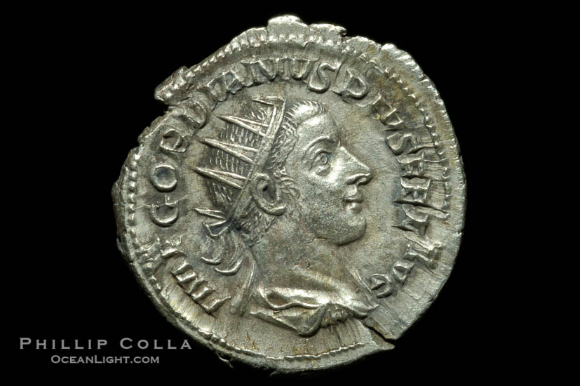 Roman emperor Gordian III (238-244 A.D.), depicted on ancient Roman coin (silver, denom/type: Denarius) (Antoninianus RSC 261, RIC 89. Obverse: IMP GORDIANVS PIVS FEL AVG. Reverse: P M TR P V COS IIP P)., natural history stock photograph, photo id 06596