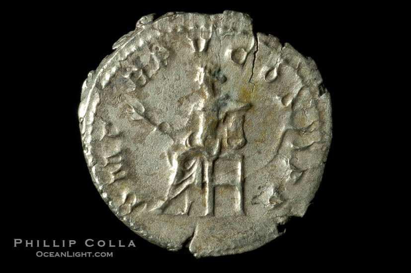 Roman emperor Gordian III (238-244 A.D.), depicted on ancient Roman coin (silver, denom/type: Denarius) (Antoninianus RSC 261, RIC 89. Obverse: IMP GORDIANVS PIVS FEL AVG. Reverse: P M TR P V COS IIP P)., natural history stock photograph, photo id 06597