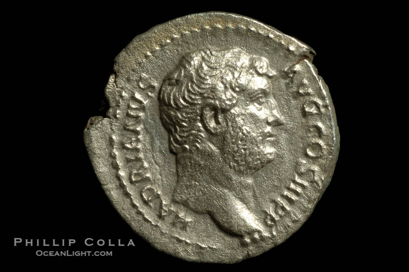 Roman emperor Hadrian (117-138 A.D.), depicted on ancient Roman coin (silver, denom/type: Denarius) (Denarius, BMC 877, RSC 1247c, RIC 324, ST 320. Obverse: HADRIANVS AVG COS III P P. Reverse: RESTITVTORI GALLIAE.)., natural history stock photograph, photo id 06550