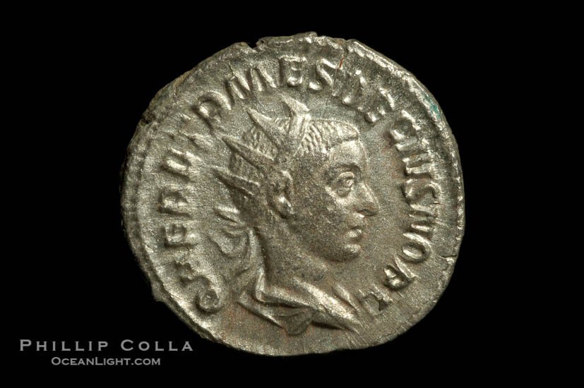 Roman emperor Herennius Etruscus (250-251 A.D.), depicted on ancient Roman coin (silver, denom/type: Antoninianus) (Antoninianus aVF/aF, RSC 26.)., natural history stock photograph, photo id 06604