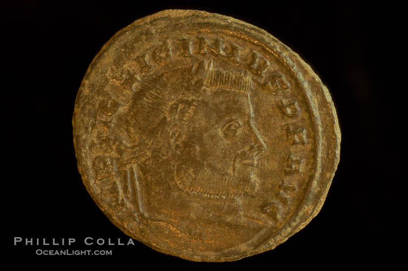 Roman emperor Licinius I (307-324 A.D.), depicted on ancient Roman coin (bronze, denom/type: Follis)., natural history stock photograph, photo id 06670