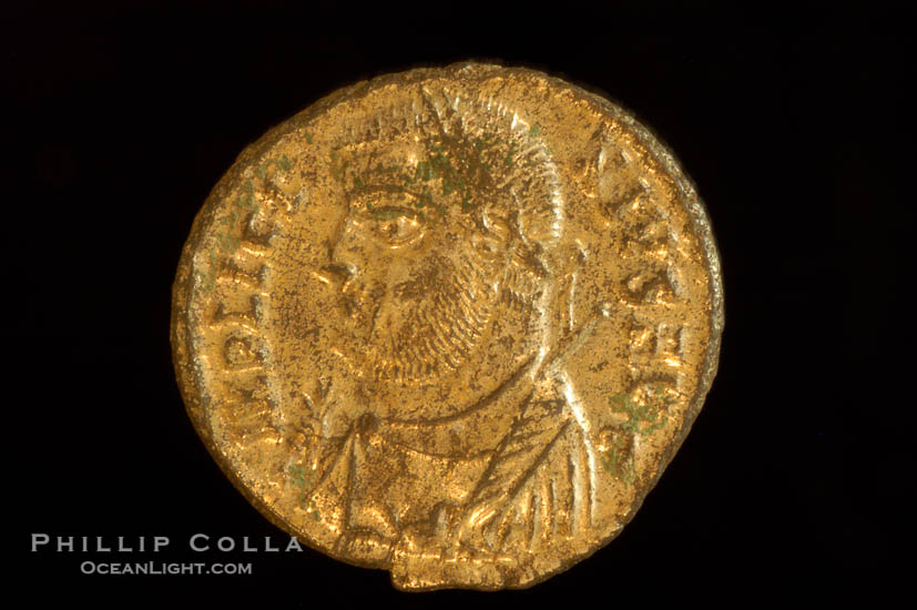 Roman emperor Licinius I (307-324 A.D.), depicted on ancient Roman coin (bronze, denom/type: Follis)., natural history stock photograph, photo id 06674
