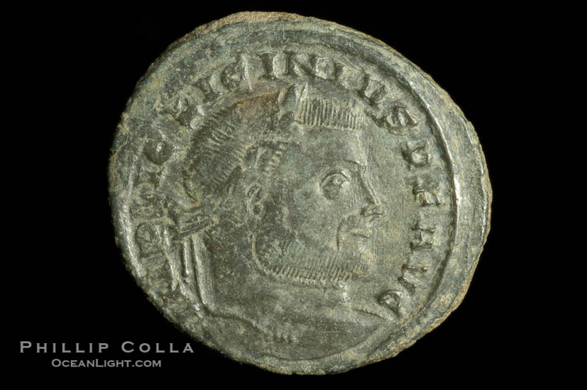 Roman emperor Licinius I (307-324 A.D.), depicted on ancient Roman coin (bronze, denom/type: Follis)., natural history stock photograph, photo id 06671