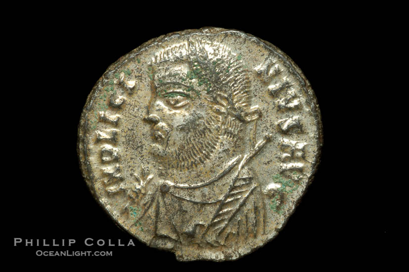 Roman emperor Licinius I (307-324 A.D.), depicted on ancient Roman coin (bronze, denom/type: Follis)., natural history stock photograph, photo id 06675