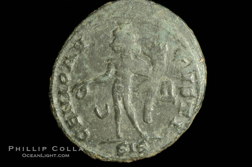 Roman emperor Licinius I (307-324 A.D.), depicted on ancient Roman coin (bronze, denom/type: Follis)., natural history stock photograph, photo id 06673