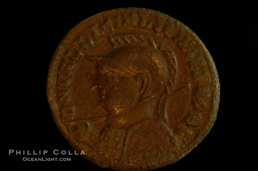 Roman emperor Licinius II (317-321 A.D.), depicted on ancient Roman coin (bronze, denom/type: AE3) (AE3, 18mm. Obverse: D N VAL LICIN LICINIVSNOB C. Reverse: IOVI CONSERVATORI.)., natural history stock photograph, photo id 06698