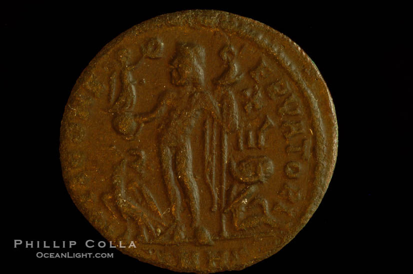 Roman emperor Licinius II (317-321 A.D.), depicted on ancient Roman coin (bronze, denom/type: AE3) (AE3, 18mm. Obverse: D N VAL LICIN LICINIVSNOB C. Reverse: IOVI CONSERVATORI.)., natural history stock photograph, photo id 06700