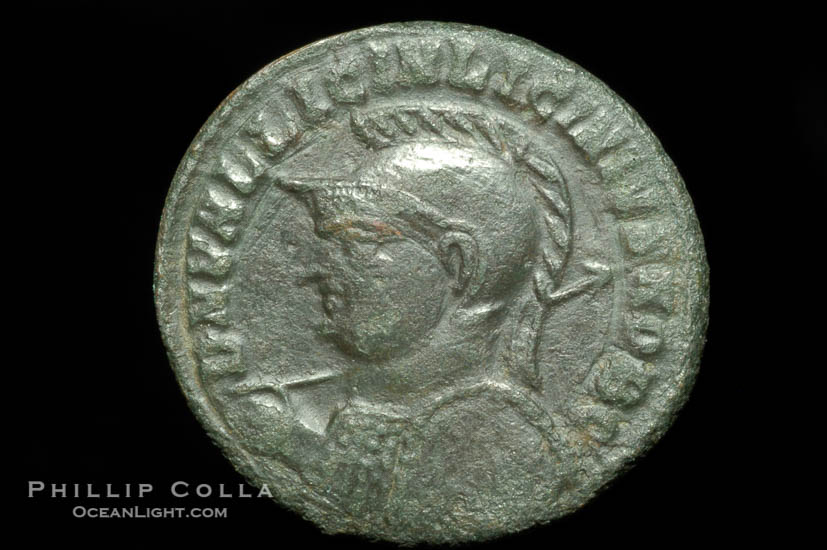 Roman emperor Licinius II (317-321 A.D.), depicted on ancient Roman coin (bronze, denom/type: AE3) (AE3, 18mm. Obverse: D N VAL LICIN LICINIVSNOB C. Reverse: IOVI CONSERVATORI.)., natural history stock photograph, photo id 06699