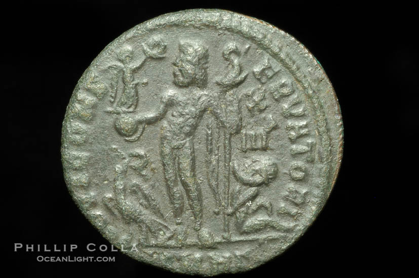 Roman emperor Licinius II (317-321 A.D.), depicted on ancient Roman coin (bronze, denom/type: AE3) (AE3, 18mm. Obverse: D N VAL LICIN LICINIVSNOB C. Reverse: IOVI CONSERVATORI.)., natural history stock photograph, photo id 06701