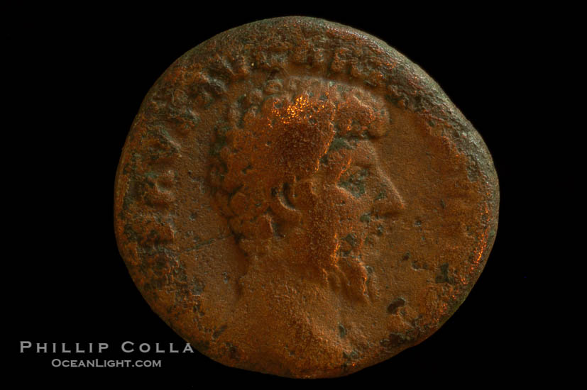 Roman emperor Lucius Verus (161-169 A.D.), depicted on ancient Roman coin (bronze, denom/type: As)., natural history stock photograph, photo id 06792