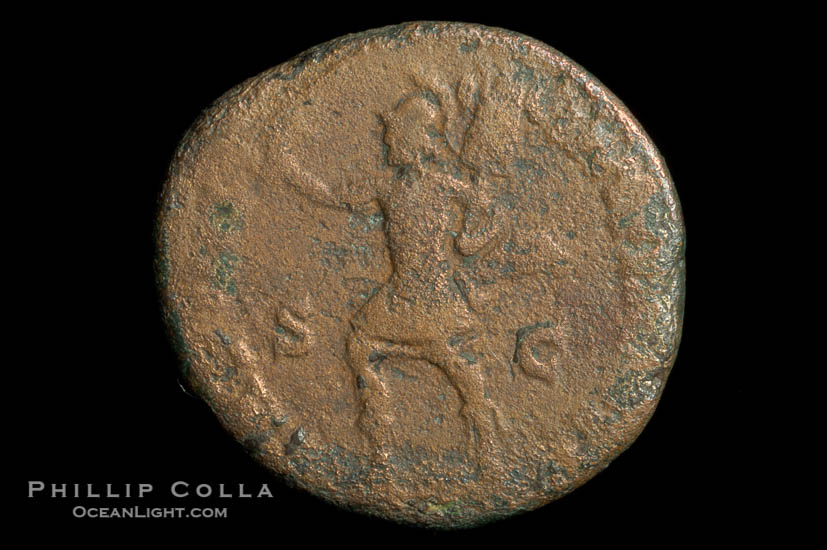 Roman emperor Lucius Verus (161-169 A.D.), depicted on ancient Roman coin (bronze, denom/type: As)., natural history stock photograph, photo id 06795