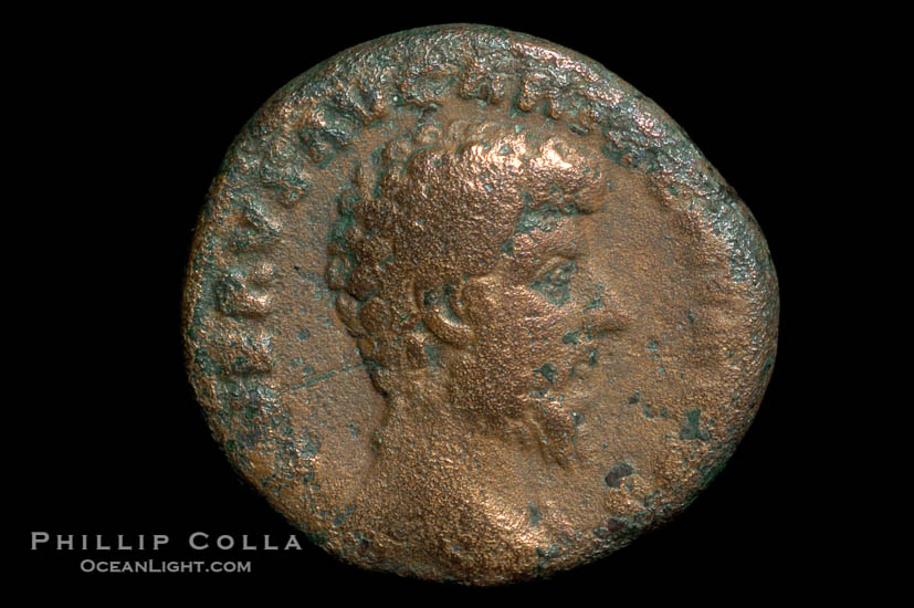 Roman emperor Lucius Verus (161-169 A.D.), depicted on ancient Roman coin (bronze, denom/type: As)., natural history stock photograph, photo id 06793