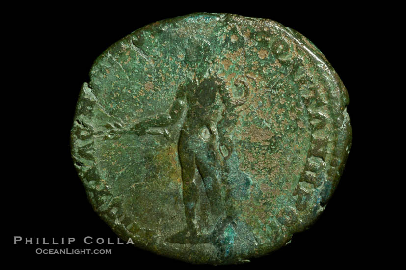 Roman emperor Macrinus (217-218 A.D.), depicted on ancient Roman coin (bronze, denom/type: AE27) (AE 27 of Nicopolis in Moesia, under Legate Statius Longinus; F+. Obverse: Laureated, draped, cuirassed bust right. Reverse: Apollo standing left, holds branch.)., natural history stock photograph, photo id 06583