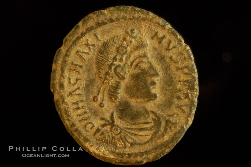 Roman emperor Magnus Maximus (383-388 A.D.), depicted on ancient Roman coin (bronze, denom/type: AE2)., natural history stock photograph, photo id 06730