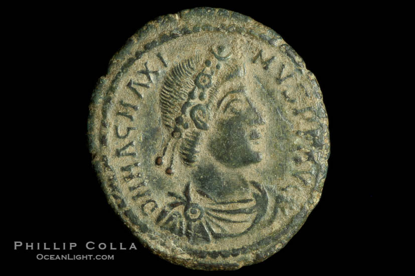 Roman emperor Magnus Maximus (383-388 A.D.), depicted on ancient Roman coin (bronze, denom/type: AE2)., natural history stock photograph, photo id 06731