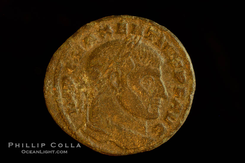 Roman emperor Maxentius (306-312 A.D.), depicted on ancient Roman coin (bronze, denom/type: Follis) (Ae Follis. Obverse: C MAXENTIVS PF AVG. Reverse: AETERNITAS AVG N in ex- MOSTP. S-3776)., natural history stock photograph, photo id 06666