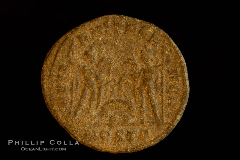 Roman emperor Maxentius (306-312 A.D.), depicted on ancient Roman coin (bronze, denom/type: Follis) (Ae Follis. Obverse: C MAXENTIVS PF AVG. Reverse: AETERNITAS AVG N in ex- MOSTP. S-3776)., natural history stock photograph, photo id 06668