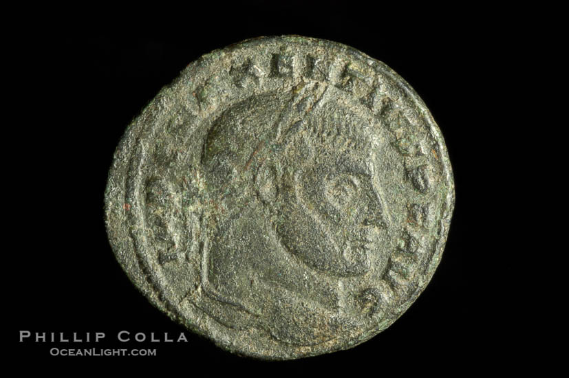 Roman emperor Maxentius (306-312 A.D.), depicted on ancient Roman coin (bronze, denom/type: Follis) (Ae Follis. Obverse: C MAXENTIVS PF AVG. Reverse: AETERNITAS AVG N in ex- MOSTP. S-3776)., natural history stock photograph, photo id 06667